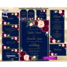 Navy Burgundy Wedding Invitation suite, Maroon Wedding invitation set, (84) Navy Burgundy Wedding Invitation suite, Maroon Wedding invitation set, (84)